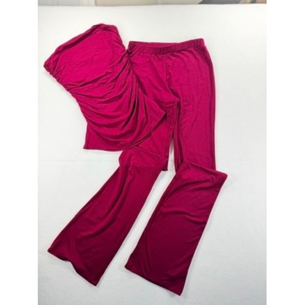 Superdown Ruched One Shoulder‎ Tube Top Flare Pants 2 Pc Set Burgundy XXS